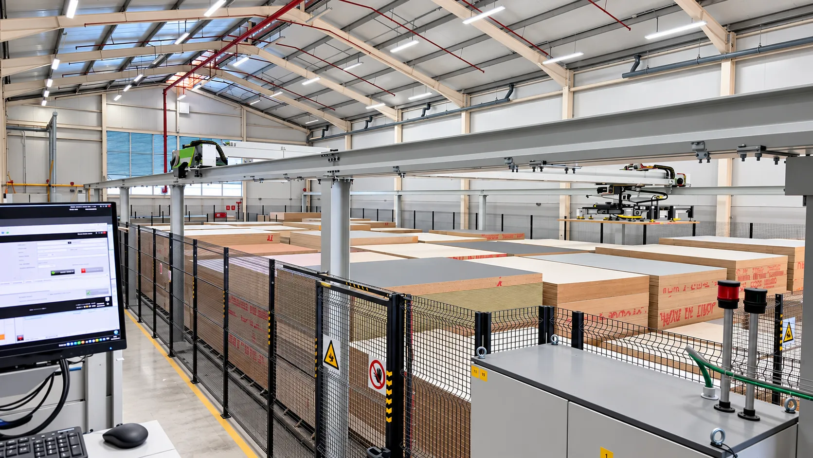Almacén automático de tableros del centro de producción de Palma: pilas de tableros bajo el pórtico del sistema de almacenaje, con el puesto de control en primer plano