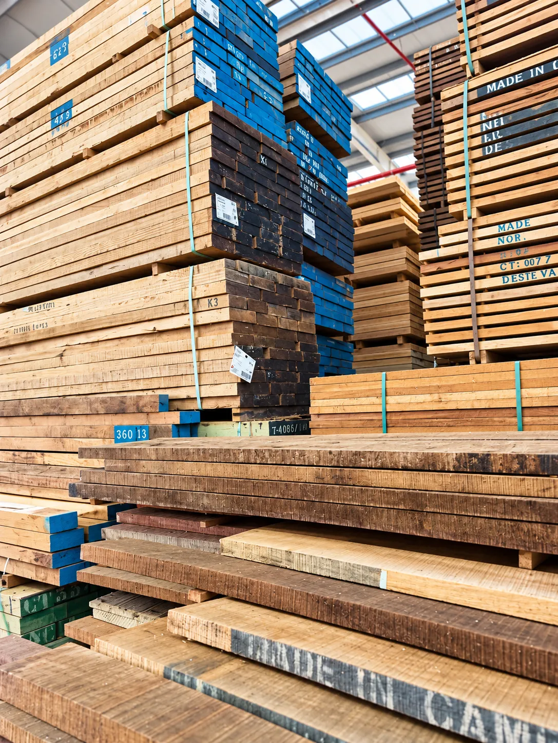 Paquetes de tablones de madera maciza apilados en el almacén, flejados y con las testas marcadas