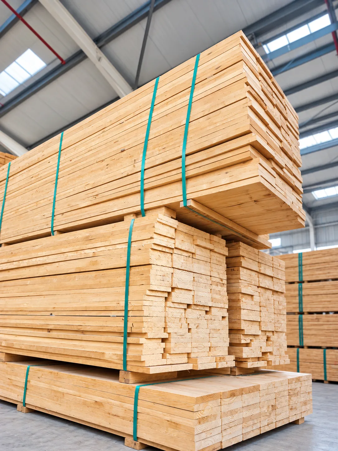 Paquetes de tablones de madera de construcción flejados y apilados en el almacén