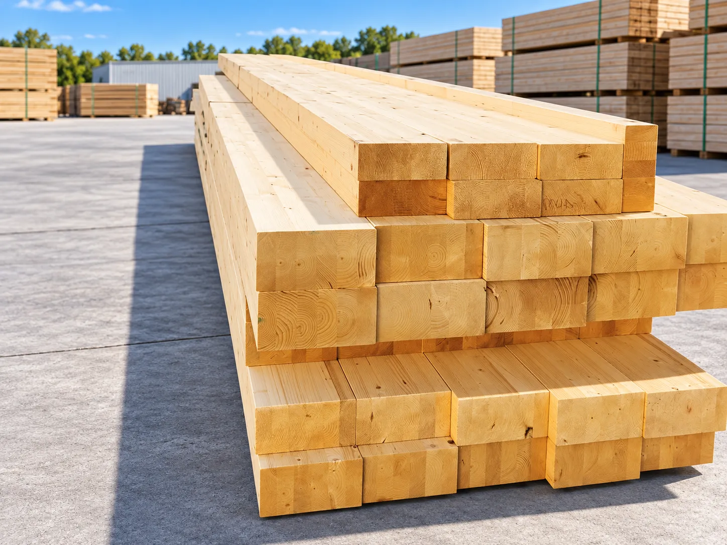 Vigas de madera de gran escuadría apiladas en el patio, con más paquetes de madera al fondo